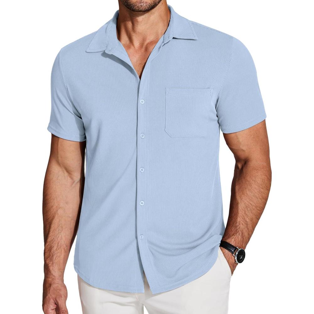 imageCOOFANDY Mens Ribbed Button Down Shirts Short Sleeve Casual Shirt with Pocket Summer Beach Camp TopsLight Blue
