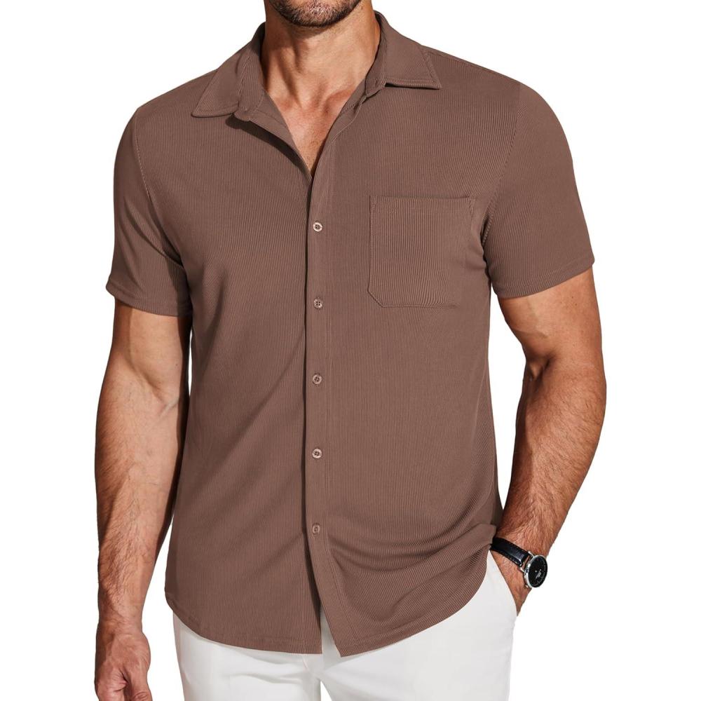 imageCOOFANDY Mens Ribbed Button Down Shirts Short Sleeve Casual Shirt with Pocket Summer Beach Camp TopsLight Brown