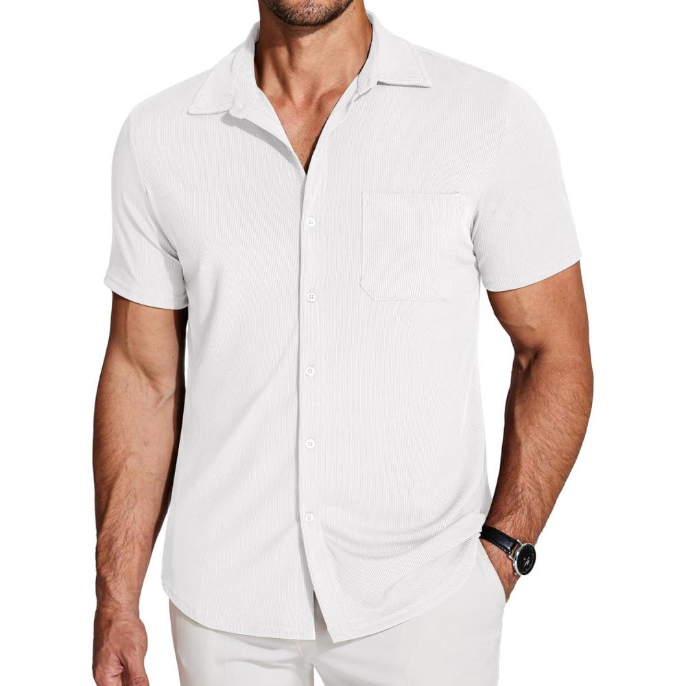 imageCOOFANDY Mens Ribbed Button Down Shirts Short Sleeve Casual Shirt with Pocket Summer Beach Camp TopsWhite