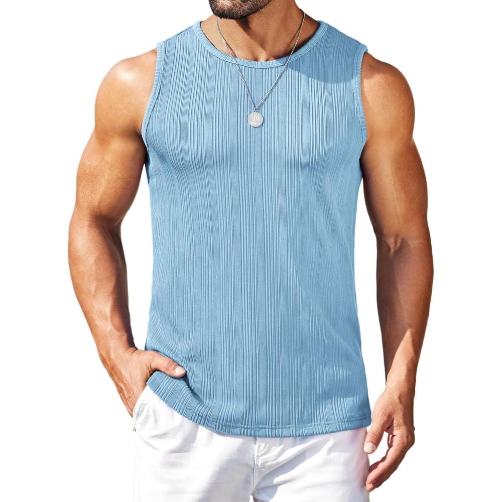imageCOOFANDY Mens Ribbed Knit Tank Tops Casual Sleeveless Muscle Shirts Basic Undershirts TankLight Blue