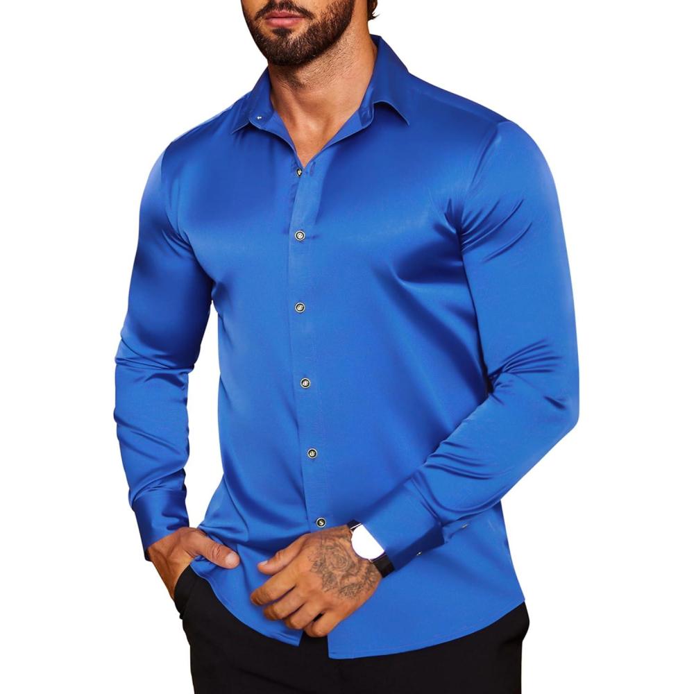 imageCOOFANDY Mens Rose Shiny Shirt Luxury Flowered Printed Button Down ShirtSapphire