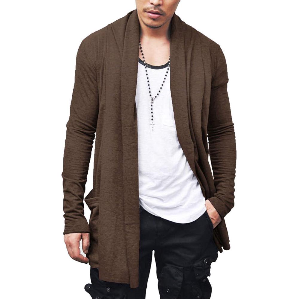 imageCOOFANDY Mens Ruffle Shawl Collar Cardigan Open Front Lightweight Long Length Drape Cape Overcoat with PocketsCoffe