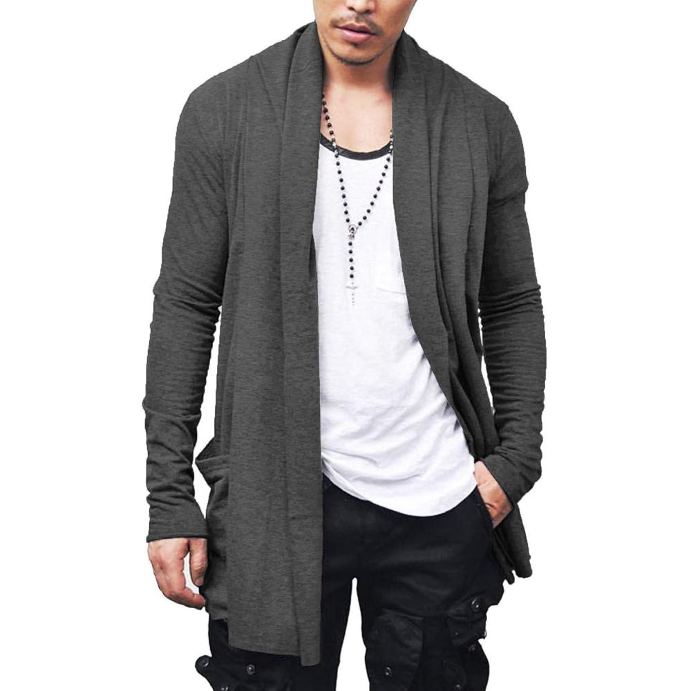 imageCOOFANDY Mens Ruffle Shawl Collar Cardigan Open Front Lightweight Long Length Drape Cape Overcoat with PocketsDeep Gray