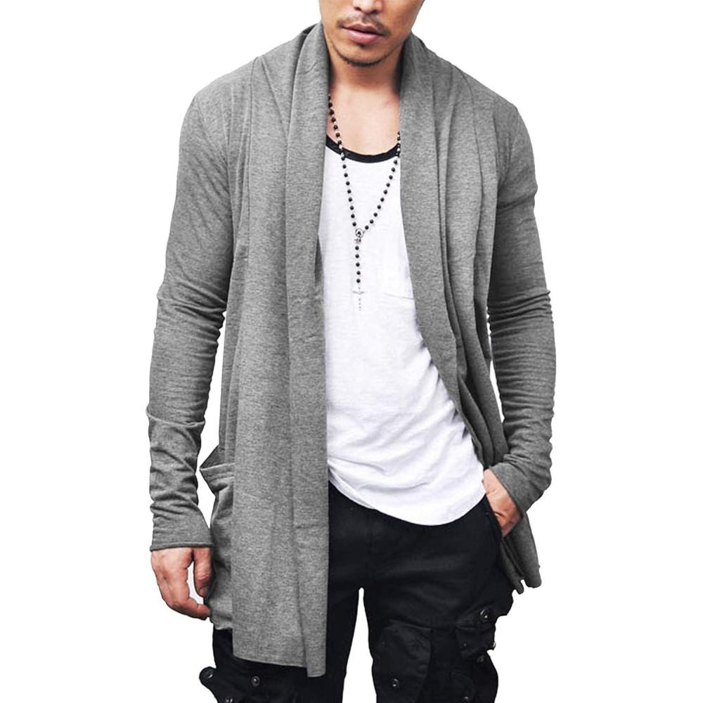 imageCOOFANDY Mens Ruffle Shawl Collar Cardigan Open Front Lightweight Long Length Drape Cape Overcoat with PocketsGray