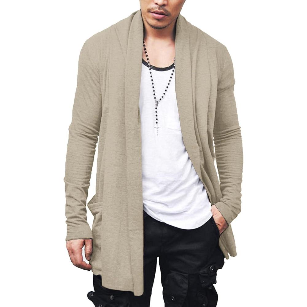 imageCOOFANDY Mens Ruffle Shawl Collar Cardigan Open Front Lightweight Long Length Drape Cape Overcoat with PocketsKhaki