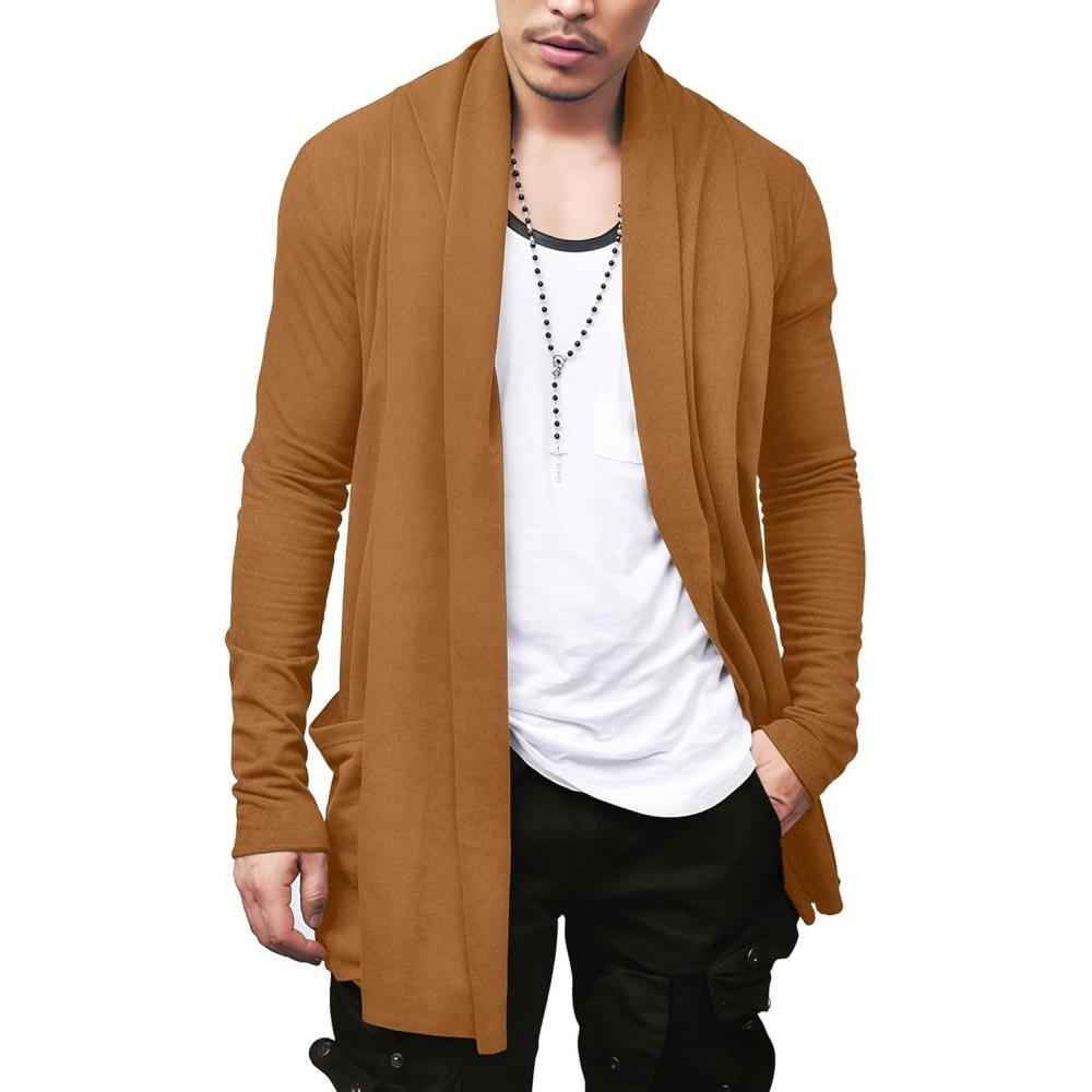 imageCOOFANDY Mens Ruffle Shawl Collar Cardigan Open Front Lightweight Long Length Drape Cape Overcoat with PocketsLight Brown