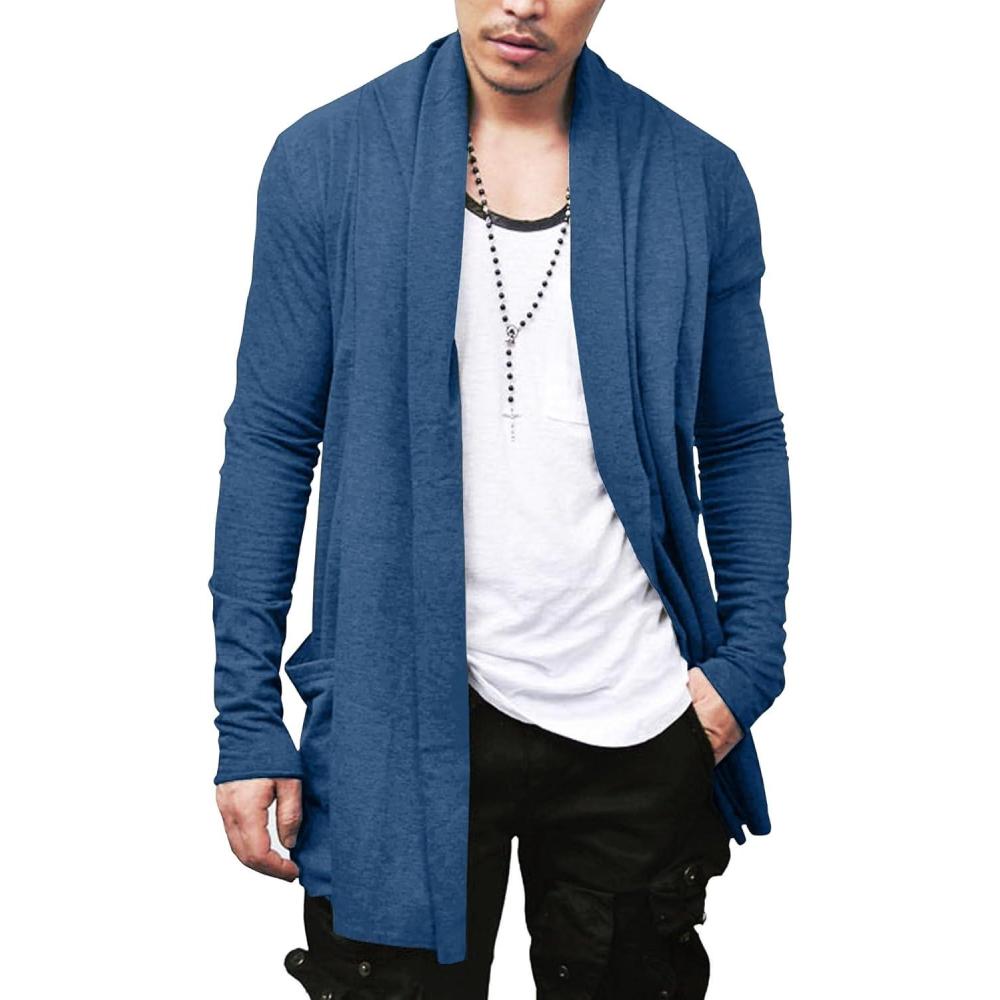imageCOOFANDY Mens Ruffle Shawl Collar Cardigan Open Front Lightweight Long Length Drape Cape Overcoat with PocketsNavy Blue