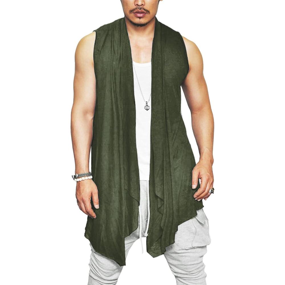 imageCOOFANDY Mens Ruffle Shawl Collar Cardigan Sleeveless Open Front Sleeveless Kimono VestArmy Green