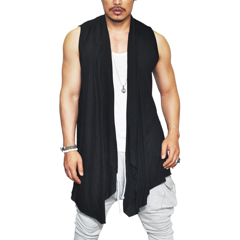 imageCOOFANDY Mens Ruffle Shawl Collar Cardigan Sleeveless Open Front Sleeveless Kimono VestBlack