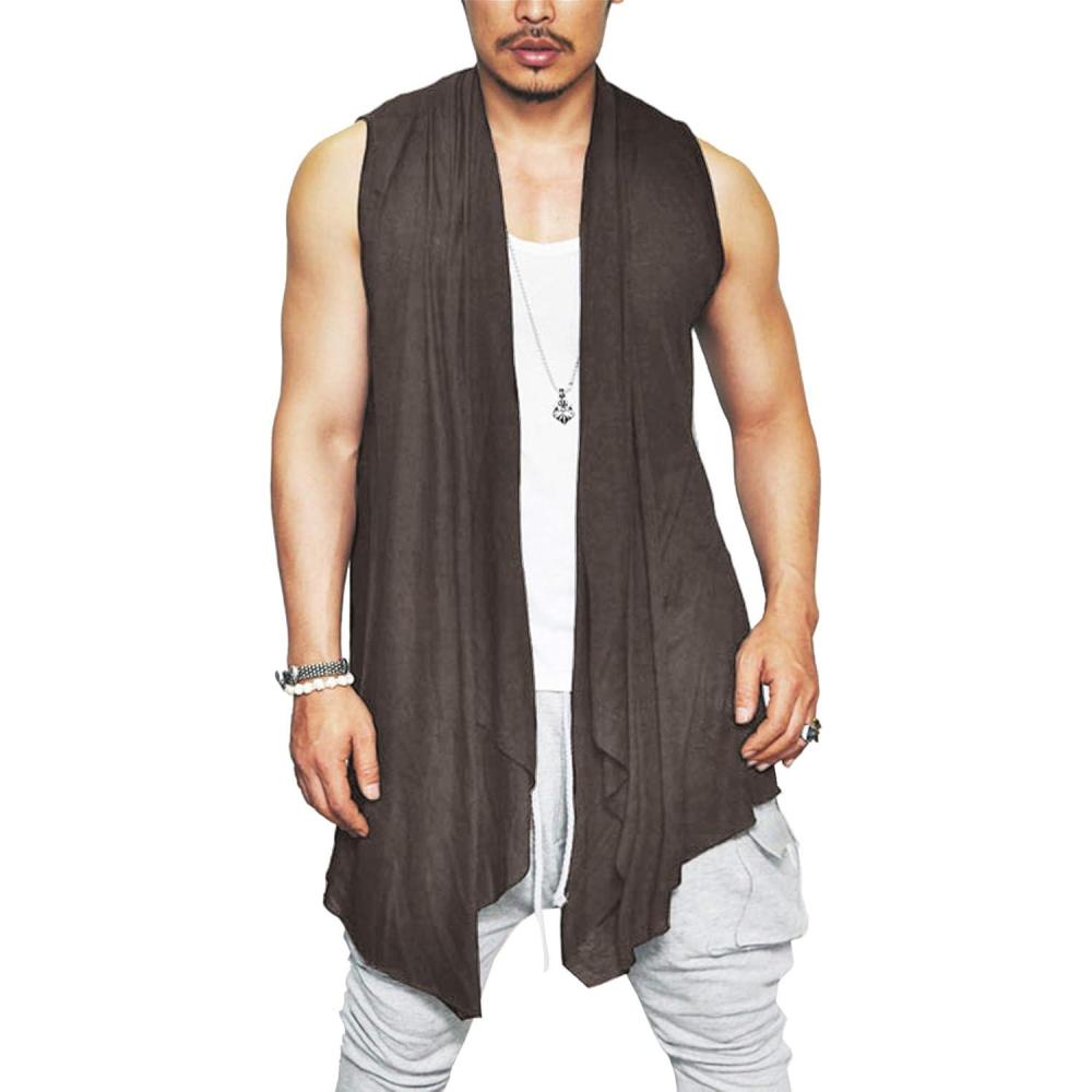 imageCOOFANDY Mens Ruffle Shawl Collar Cardigan Sleeveless Open Front Sleeveless Kimono VestCoffee