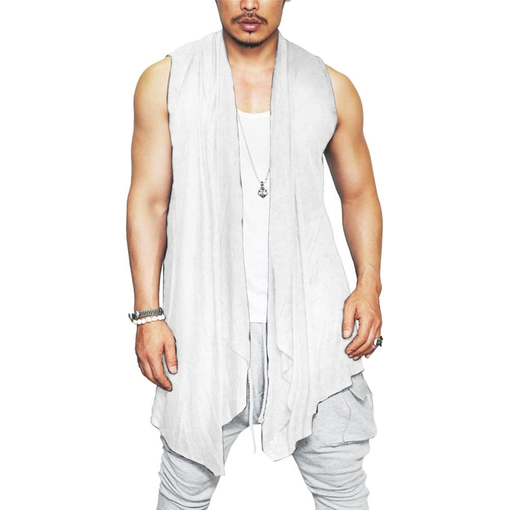 imageCOOFANDY Mens Ruffle Shawl Collar Cardigan Sleeveless Open Front Sleeveless Kimono VestWhite
