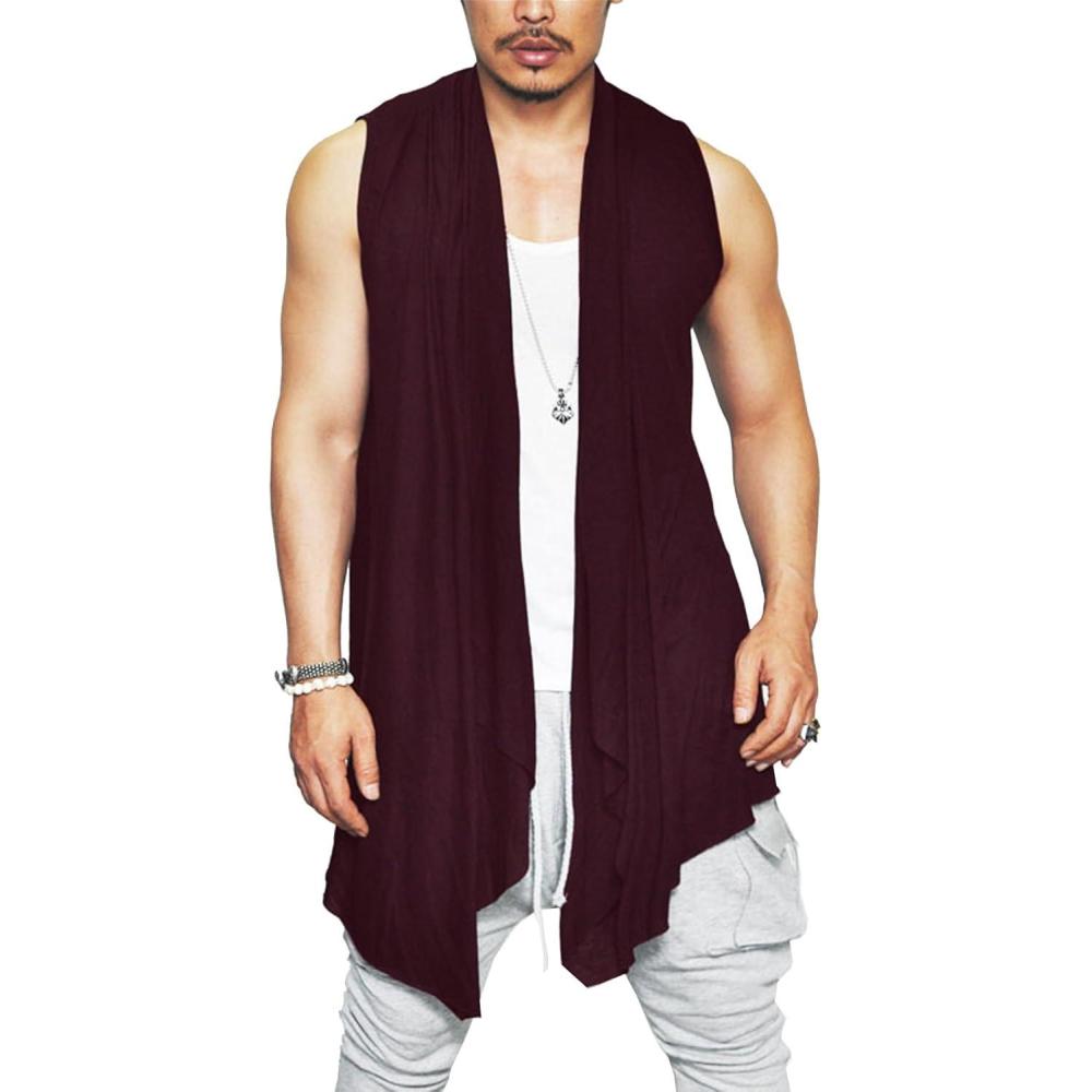 imageCOOFANDY Mens Ruffle Shawl Collar Cardigan Sleeveless Open Front Sleeveless Kimono VestWine Red