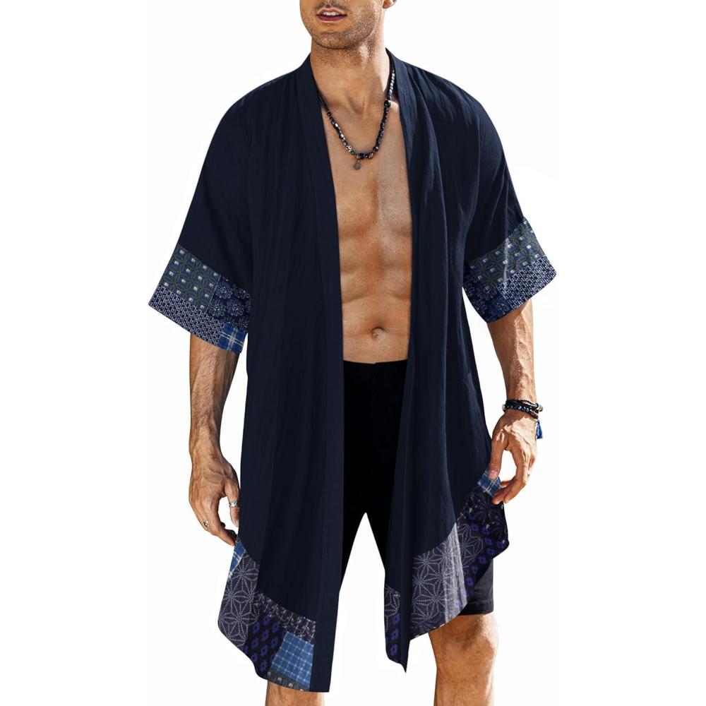 imageCOOFANDY Mens Ruffle Shawl Collar Lightweight Cardigan Long Kimono Jackets Open Front Drape Cape CoatNavy Blue