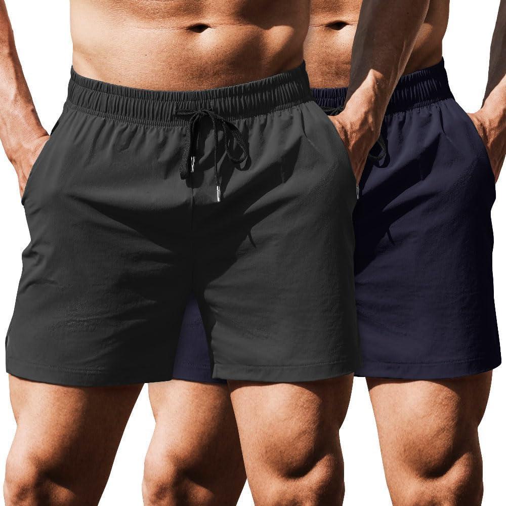 imageCOOFANDY Mens Running Athletic Shorts 5 Inch 2 Pack Gym Workout Shorts Fitted Exercise Hiking Shorts with Zipper PocketDark GreyNavy Blue