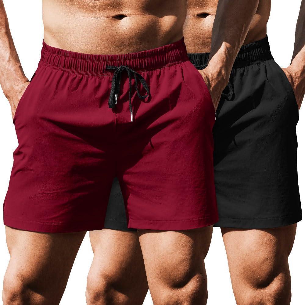 imageCOOFANDY Mens Running Athletic Shorts 5 Inch 2 Pack Gym Workout Shorts Fitted Exercise Hiking Shorts with Zipper PocketDark RedBlack