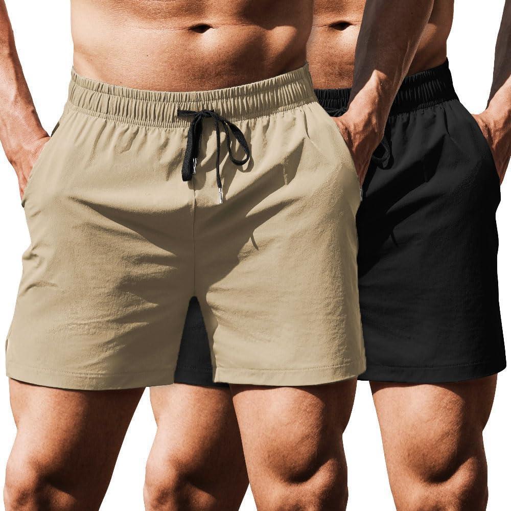 imageCOOFANDY Mens Running Athletic Shorts 5 Inch 2 Pack Gym Workout Shorts Fitted Exercise Hiking Shorts with Zipper PocketLight KhakiBlack