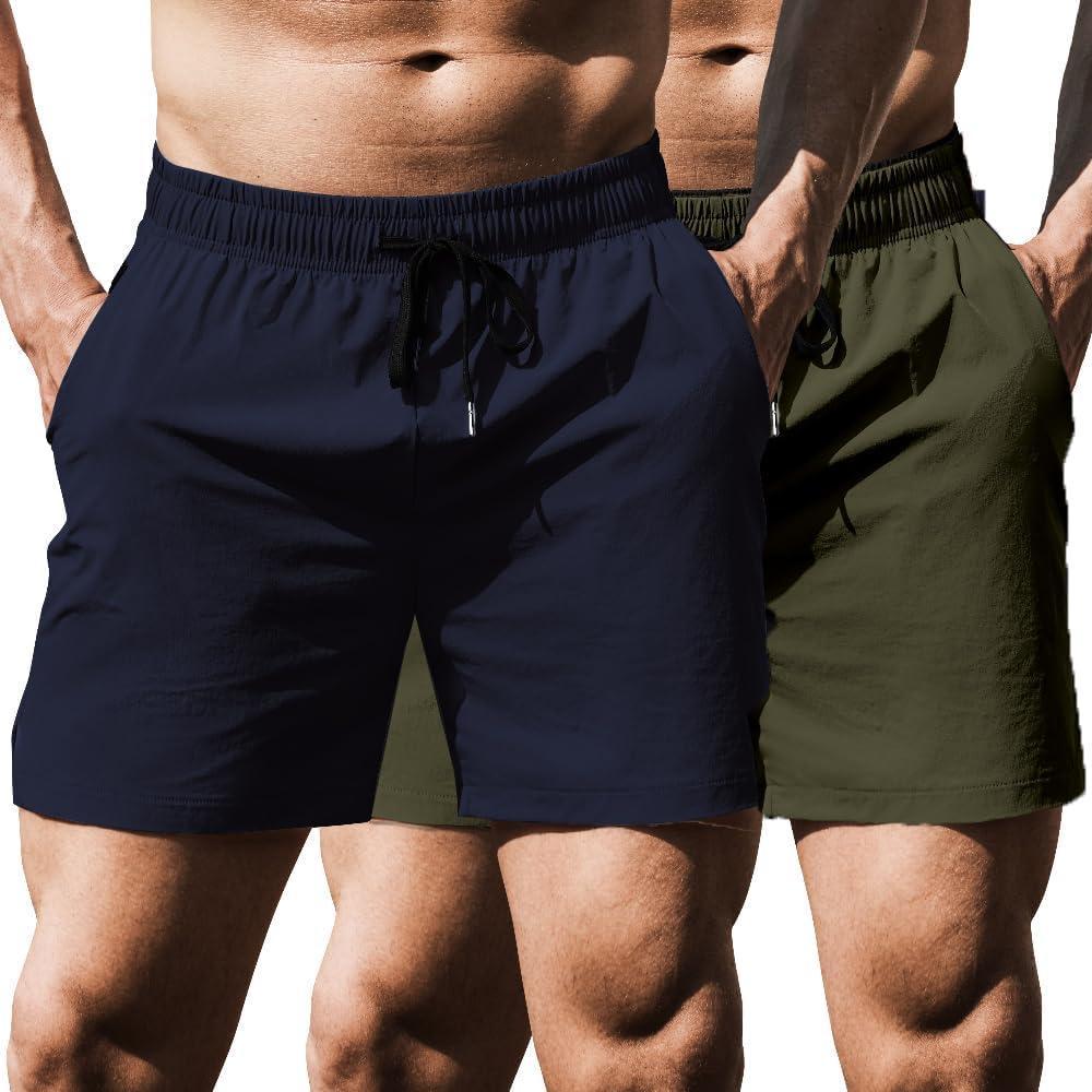 imageCOOFANDY Mens Running Athletic Shorts 5 Inch 2 Pack Gym Workout Shorts Fitted Exercise Hiking Shorts with Zipper PocketNavy Blue Army Green