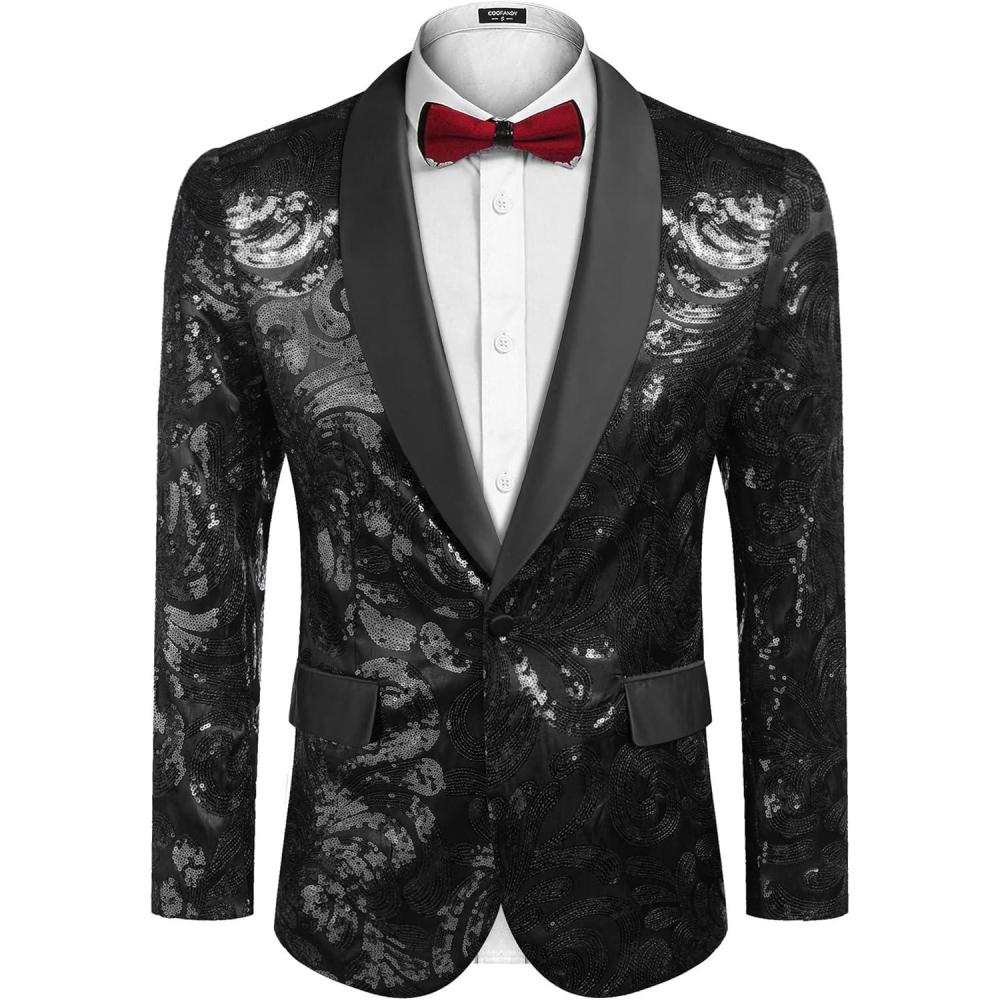 imageCOOFANDY Mens Sequin Blazer Sparkly Glitter Jacket Shiny Floral Suit Jacket Stylish Party Wedding Banquet Prom TuxedoBlack