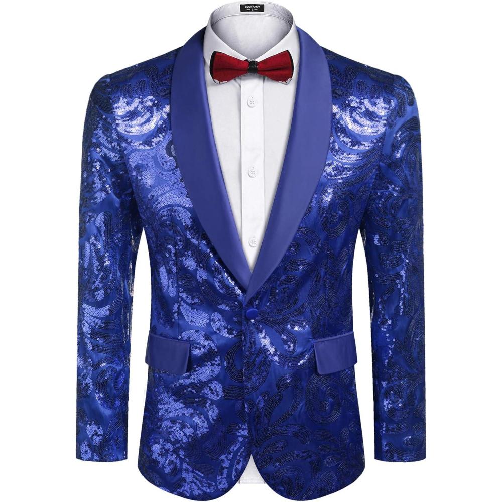 imageCOOFANDY Mens Sequin Blazer Sparkly Glitter Jacket Shiny Floral Suit Jacket Stylish Party Wedding Banquet Prom TuxedoBlue