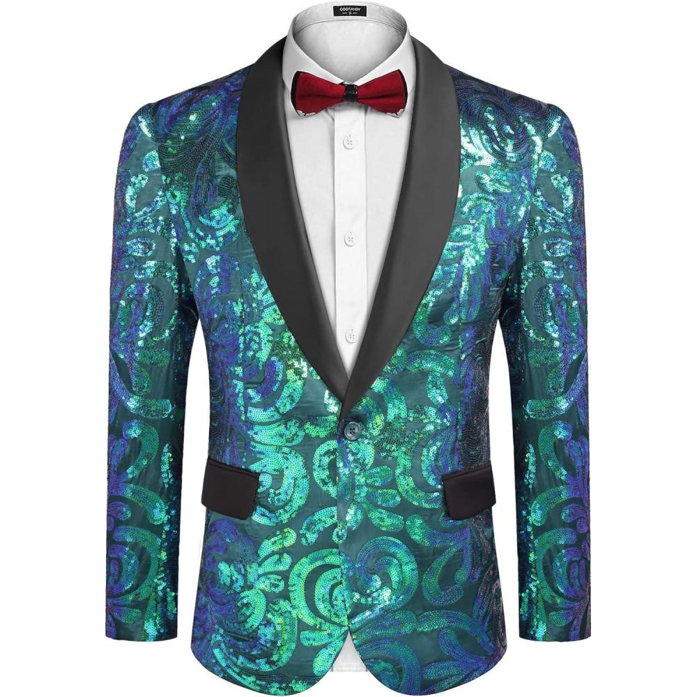 imageCOOFANDY Mens Sequin Blazer Sparkly Glitter Jacket Shiny Floral Suit Jacket Stylish Party Wedding Banquet Prom TuxedoGreen