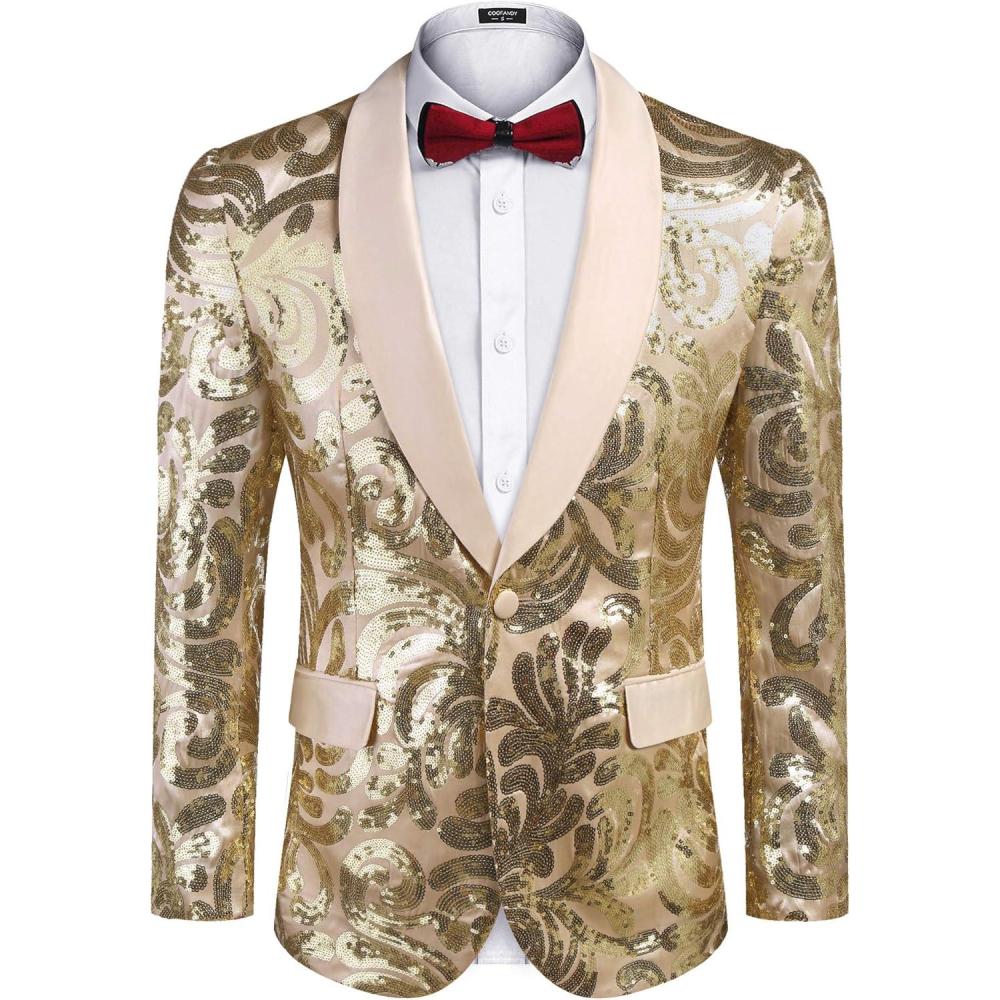 imageCOOFANDY Mens Sequin Blazer Sparkly Glitter Jacket Shiny Floral Suit Jacket Stylish Party Wedding Banquet Prom TuxedoLight Gold