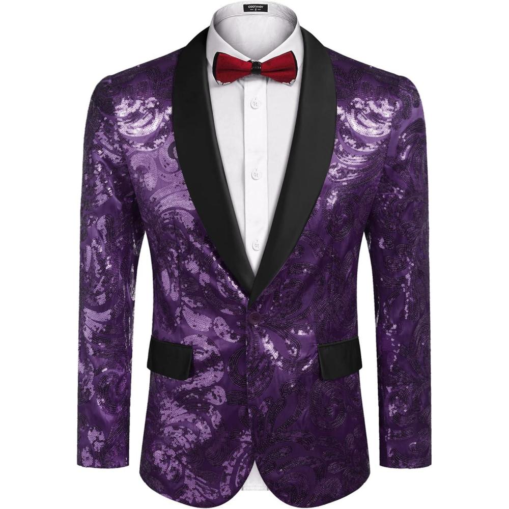 imageCOOFANDY Mens Sequin Blazer Sparkly Glitter Jacket Shiny Floral Suit Jacket Stylish Party Wedding Banquet Prom TuxedoPurple
