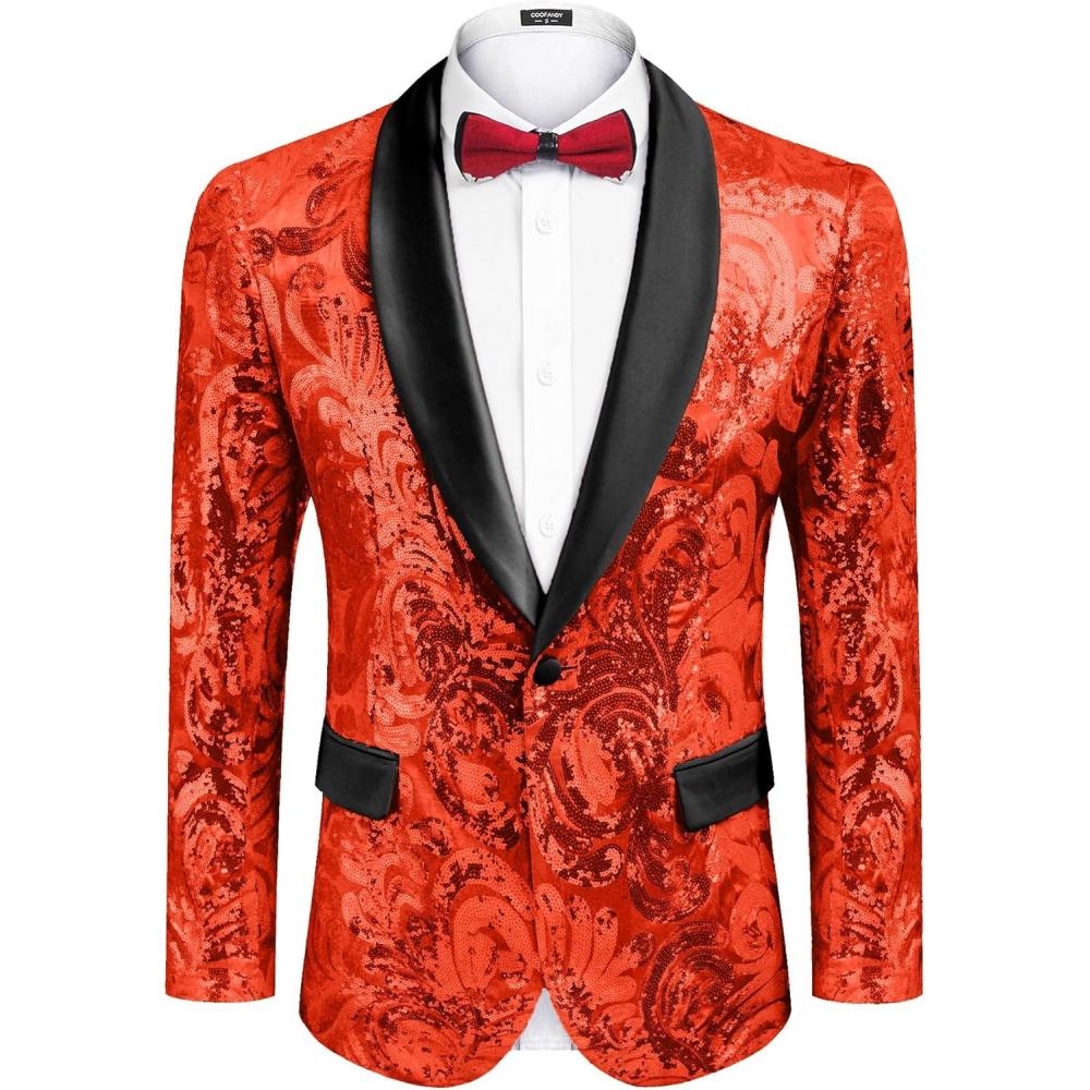 imageCOOFANDY Mens Sequin Blazer Sparkly Glitter Jacket Shiny Floral Suit Jacket Stylish Party Wedding Banquet Prom TuxedoRed Black Lapel