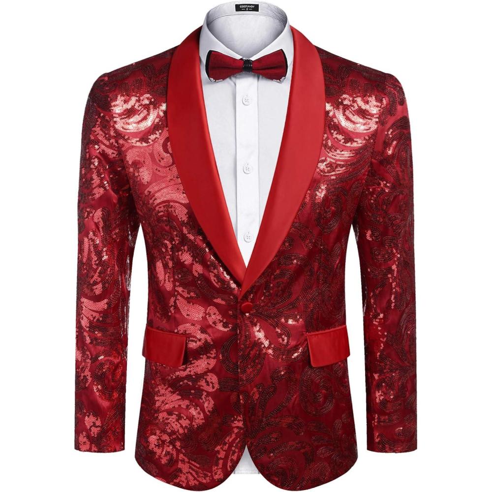 imageCOOFANDY Mens Sequin Blazer Sparkly Glitter Jacket Shiny Floral Suit Jacket Stylish Party Wedding Banquet Prom TuxedoRed