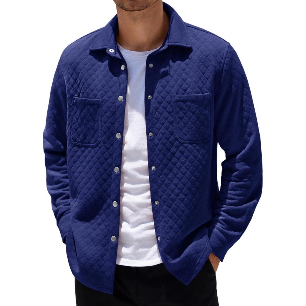 imageCOOFANDY Mens Shacket Long Sleeve Shirt Jacket with Pockets Lightweight Quilted OvershirtNavy Blue