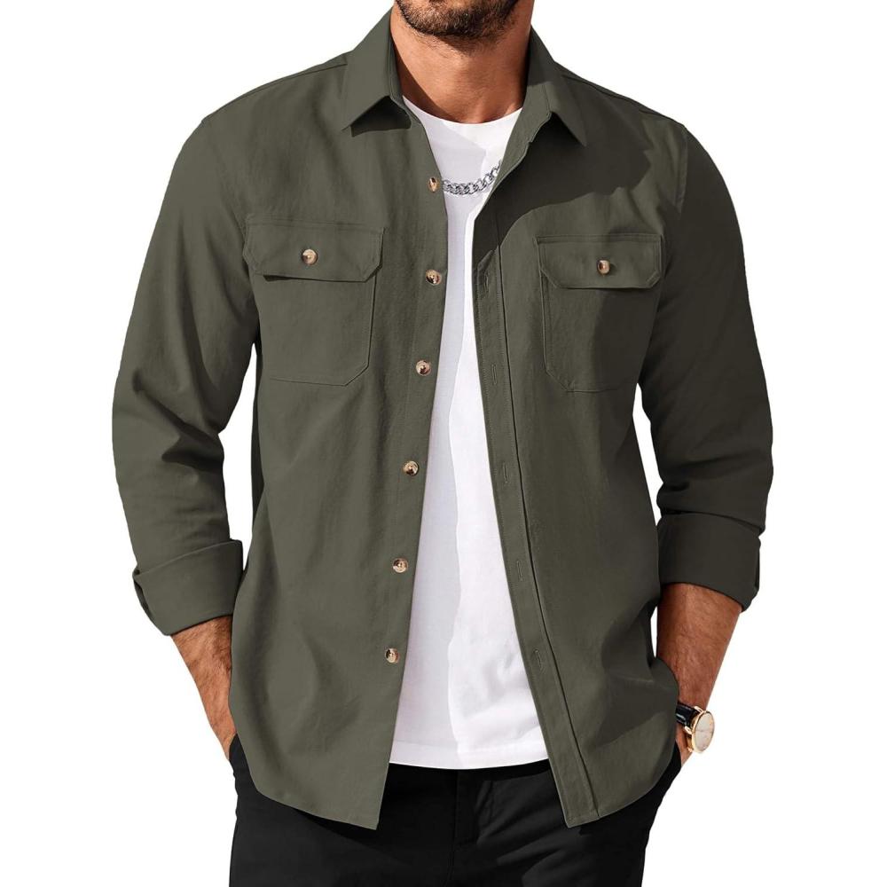 imageCOOFANDY Mens Shirt Jacket Casual Button Up Shirts Long Sleeve Lightweight Shacket with Flap PocketsArmy Green