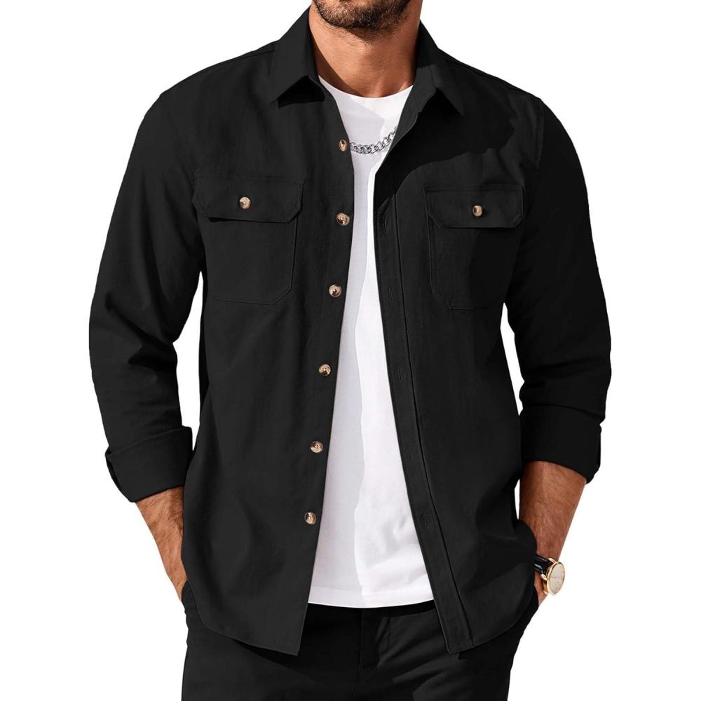 imageCOOFANDY Mens Shirt Jacket Casual Button Up Shirts Long Sleeve Lightweight Shacket with Flap PocketsBlack