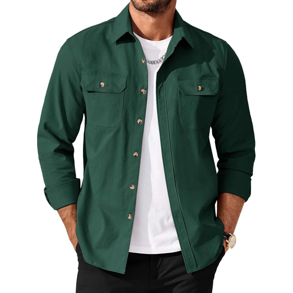 imageCOOFANDY Mens Shirt Jacket Casual Button Up Shirts Long Sleeve Lightweight Shacket with Flap PocketsGreen