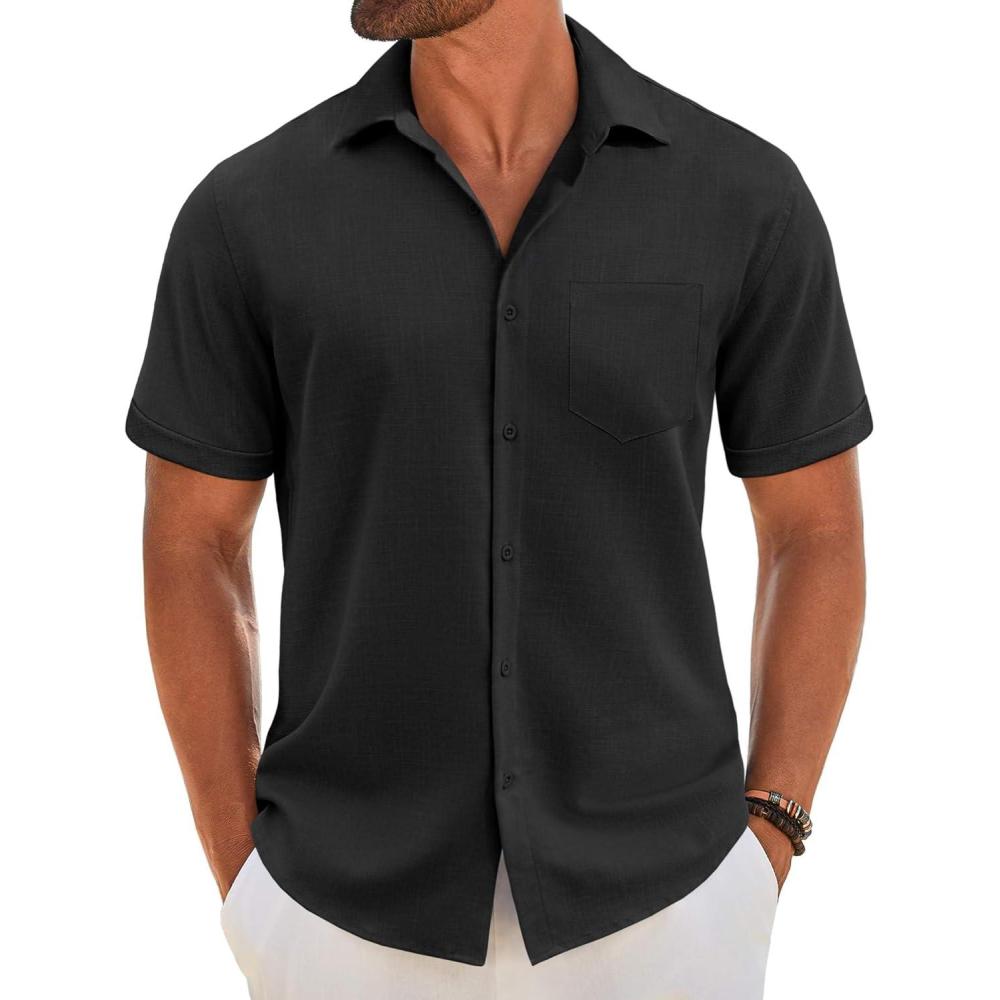 imageCOOFANDY Mens Short Sleeve Button Down Shirt Casual Linen Shirts Summer Beach Vacation Shirt with PocketBlack