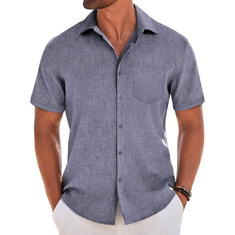 imageCOOFANDY Mens Short Sleeve Button Down Shirt Casual Linen Shirts Summer Beach Vacation Shirt with PocketDark Blue Grey