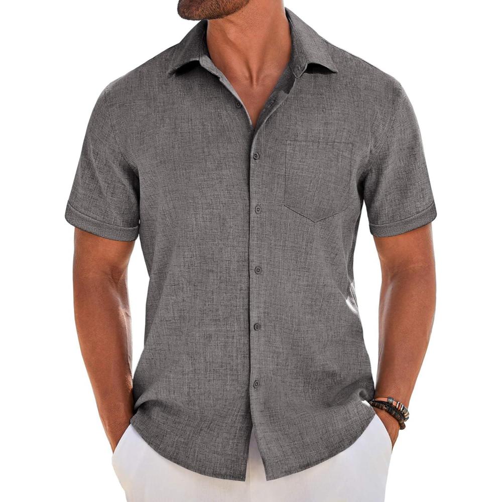 imageCOOFANDY Mens Short Sleeve Button Down Shirt Casual Linen Shirts Summer Beach Vacation Shirt with PocketDark Grey