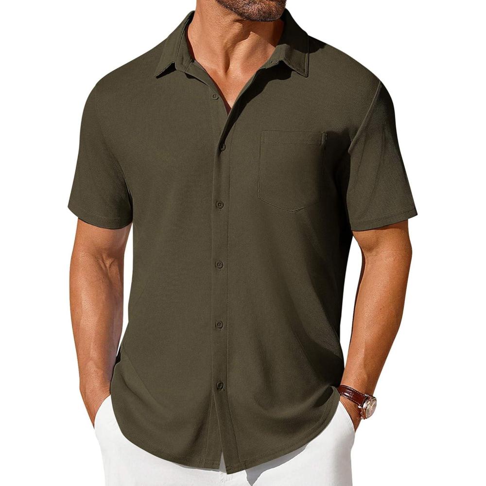 imageCOOFANDY Mens Short Sleeve Button Down Shirt Casual Summer Beach Shirt Waffle Knit Shirts Wrinkle Free Untucked ShirtArmy Green
