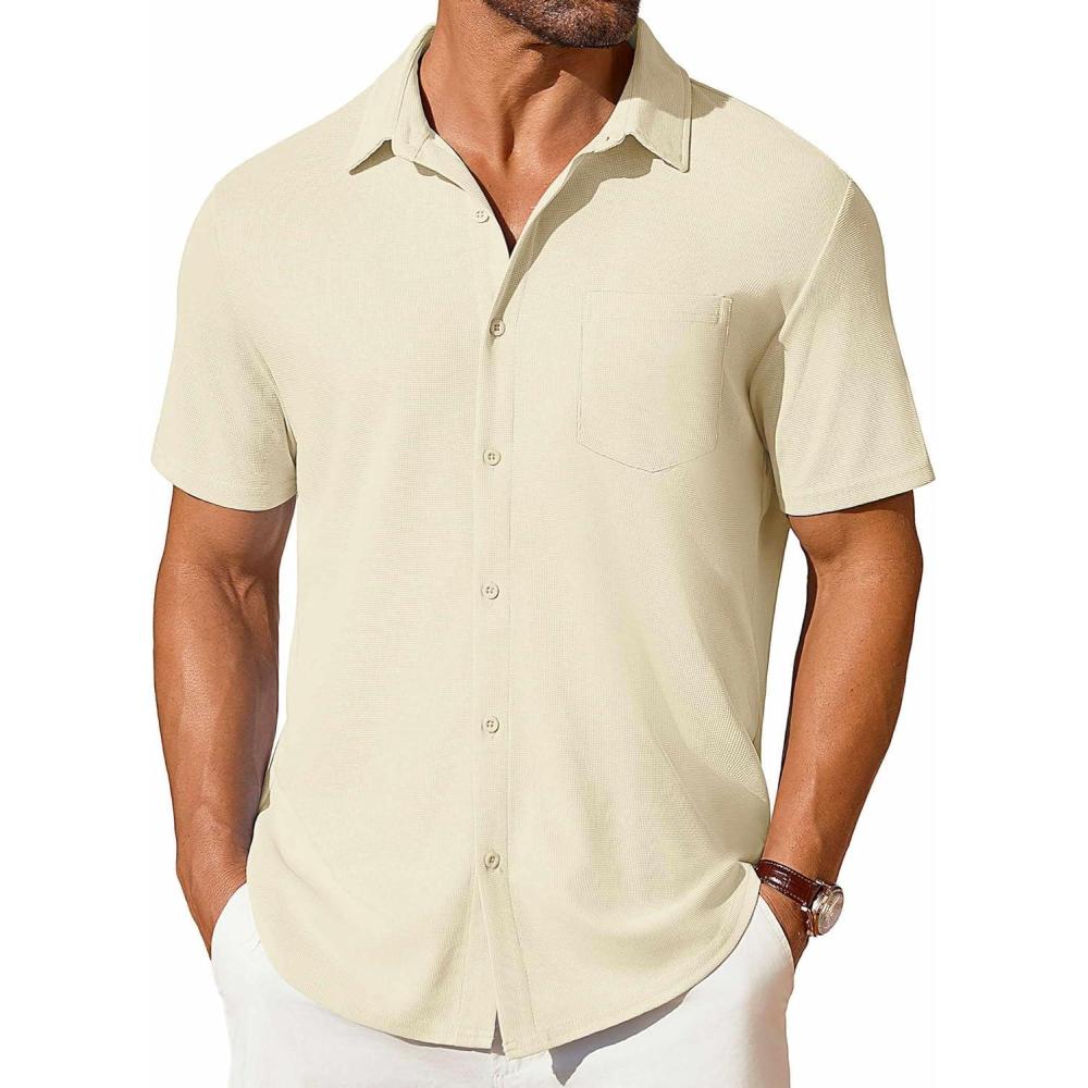 imageCOOFANDY Mens Short Sleeve Button Down Shirt Casual Summer Beach Shirt Waffle Knit Shirts Wrinkle Free Untucked ShirtBeige