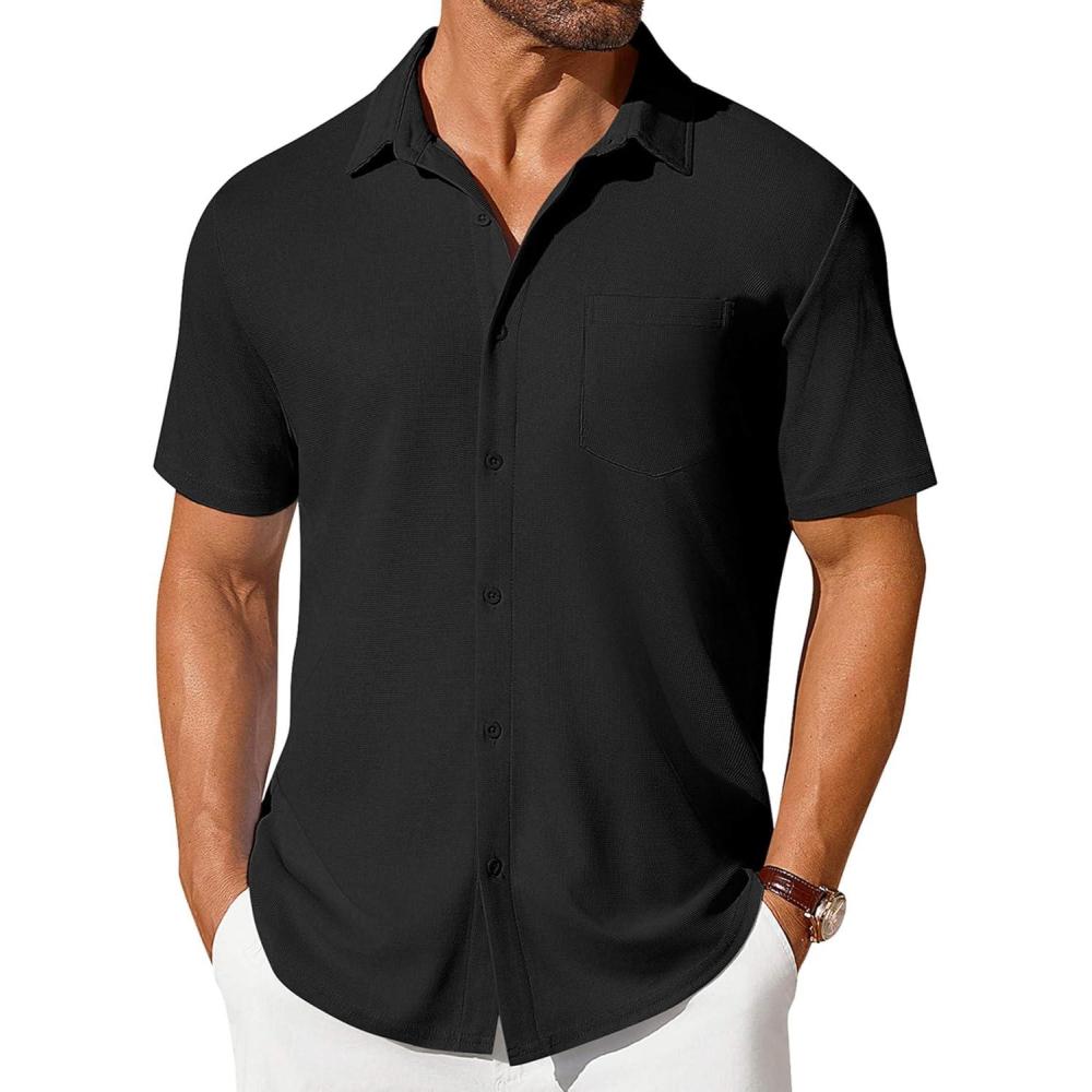 imageCOOFANDY Mens Short Sleeve Button Down Shirt Casual Summer Beach Shirt Waffle Knit Shirts Wrinkle Free Untucked ShirtBlack