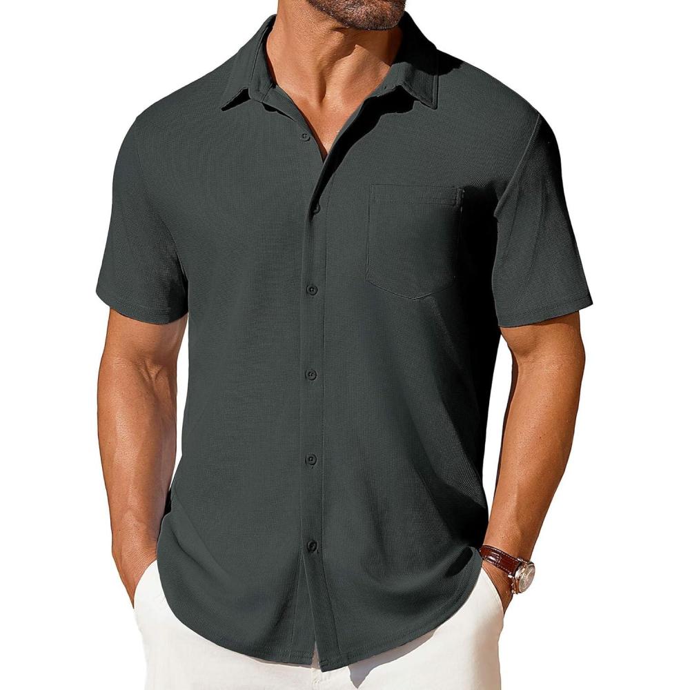 imageCOOFANDY Mens Short Sleeve Button Down Shirt Casual Summer Beach Shirt Waffle Knit Shirts Wrinkle Free Untucked ShirtDark Grey
