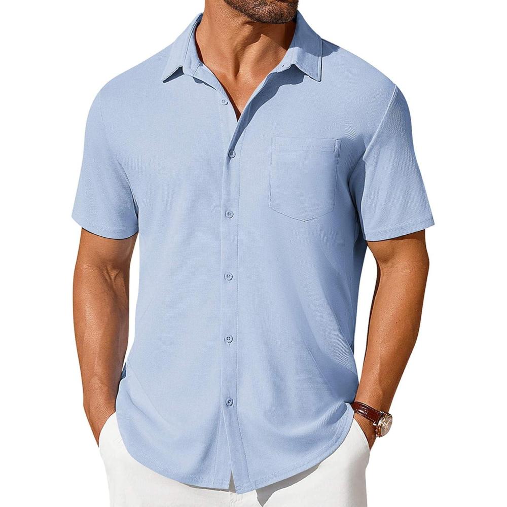 imageCOOFANDY Mens Short Sleeve Button Down Shirt Casual Summer Beach Shirt Waffle Knit Shirts Wrinkle Free Untucked ShirtLight Blue