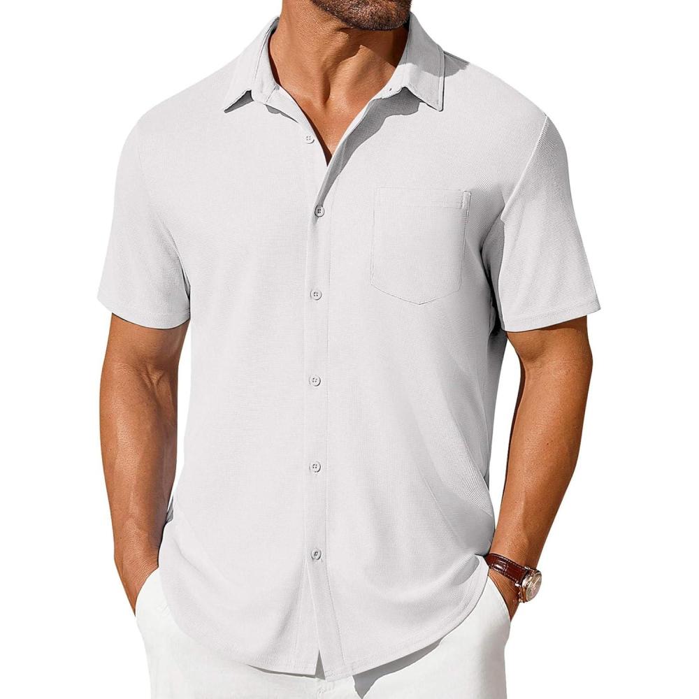 imageCOOFANDY Mens Short Sleeve Button Down Shirt Casual Summer Beach Shirt Waffle Knit Shirts Wrinkle Free Untucked ShirtWhite