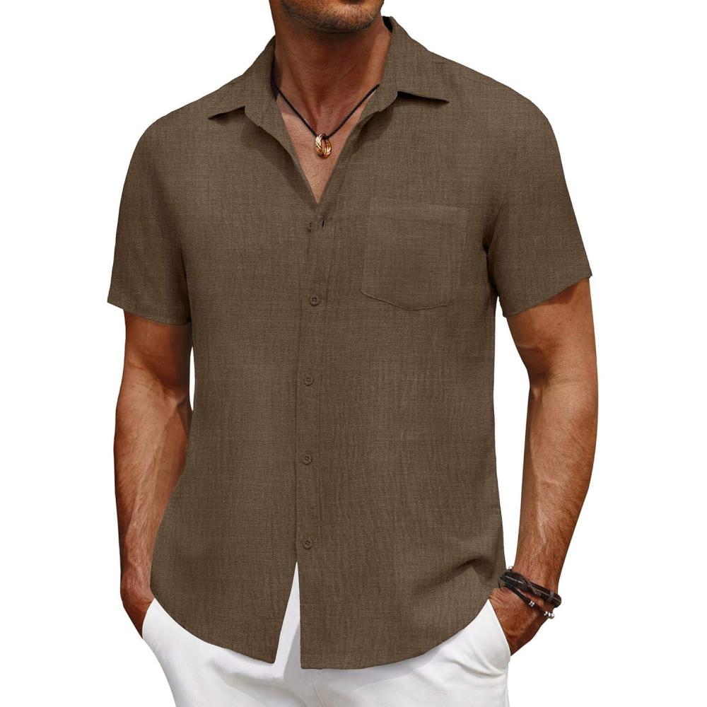 imageCOOFANDY Mens Short Sleeve Button Down Shirt Casual Summer Beach Untucked Vacation Textured Shirts with PocketAcorn