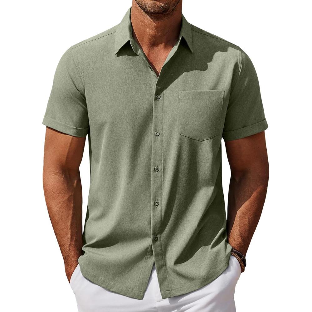 imageCOOFANDY Mens Short Sleeve Button Down Shirt Casual Summer Beach Untucked Vacation Textured Shirts with PocketArmy Green