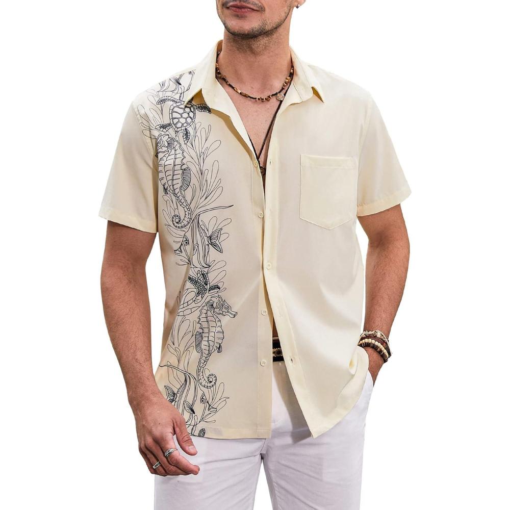 imageCOOFANDY Mens Short Sleeve Button Down Shirt Casual Summer Beach Untucked Vacation Textured Shirts with PocketBeige Undersea Animals Plants