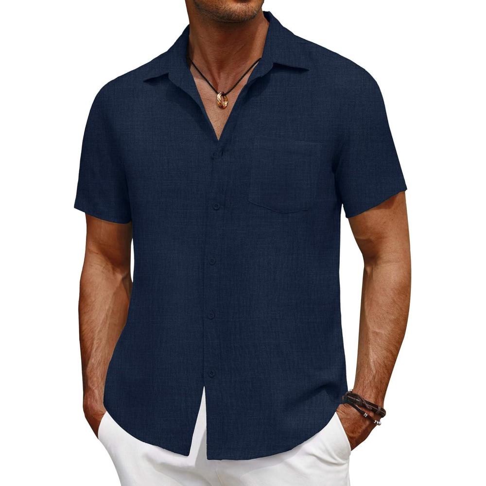 imageCOOFANDY Mens Short Sleeve Button Down Shirt Casual Summer Beach Untucked Vacation Textured Shirts with PocketBlack Iris