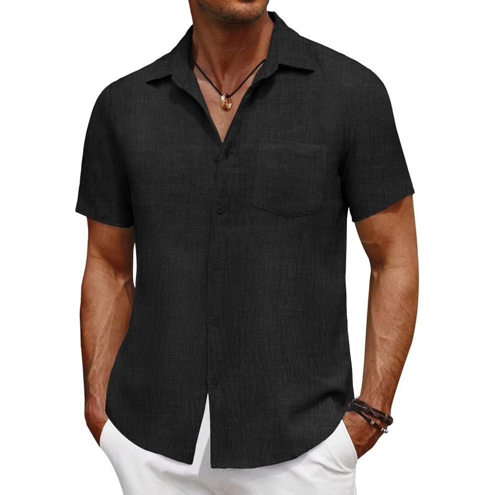 imageCOOFANDY Mens Short Sleeve Button Down Shirt Casual Summer Beach Untucked Vacation Textured Shirts with PocketBlack Onyx