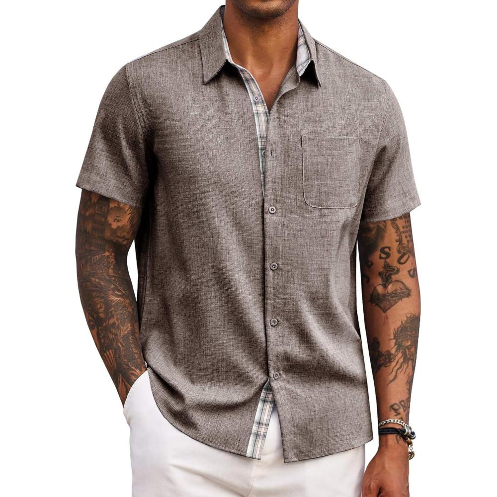 imageCOOFANDY Mens Short Sleeve Button Down Shirt Casual Summer Beach Untucked Vacation Textured Shirts with PocketBrown