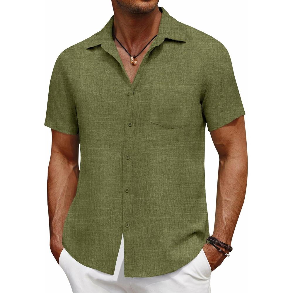 imageCOOFANDY Mens Short Sleeve Button Down Shirt Casual Summer Beach Untucked Vacation Textured Shirts with PocketChive