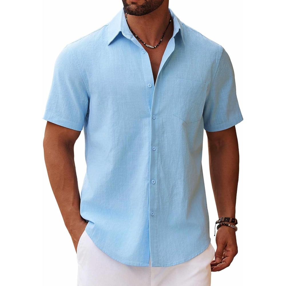 imageCOOFANDY Mens Short Sleeve Button Down Shirt Casual Summer Beach Untucked Vacation Textured Shirts with PocketClear Blue