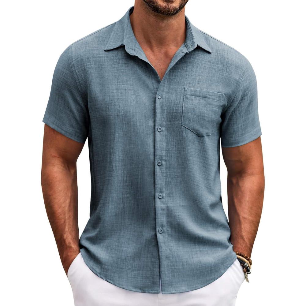 imageCOOFANDY Mens Short Sleeve Button Down Shirt Casual Summer Beach Untucked Vacation Textured Shirts with PocketDark Blue